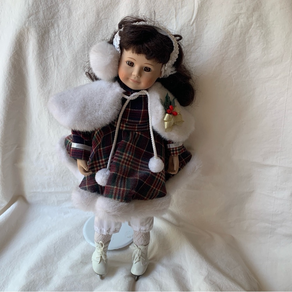 Porcelain Holiday Plaid Doll in Red & Green with White Fur Accents